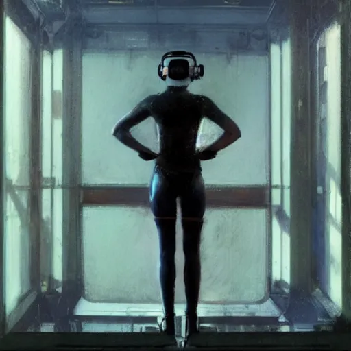 Image similar to rachael from bladerunner in vr helmet standing on the ledge by jeremy mann and edward hopper