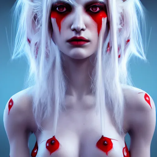 Image similar to a highly detailed portrait of a humanoid demon girl with white hair, red horns, in white clothes, artstation, deviantart, professional, unreal engine 5, photorealistic