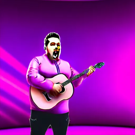 Image similar to photo of david gspd singing on big stage, purple and rose light color, photorealistic, high energy, highly detailed, 4K, UE5