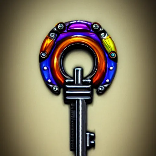 Image similar to a stylised old colorful metal key, key is on the center, key has small precious diamond in it, rpg game inventory item, rim light, outer glow, on the white background, high poly vray, stylised textures, trending on artstation