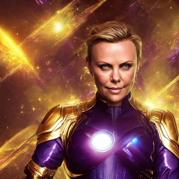 Image similar to ((The Infinity Gauntlet)), Charlize Theron, intricate artwork. octane render, trending on artstation, very coherent symmetrical artwork. thanos. cinematic, hyper realism, high detail, octane render, 8k, iridescent accents