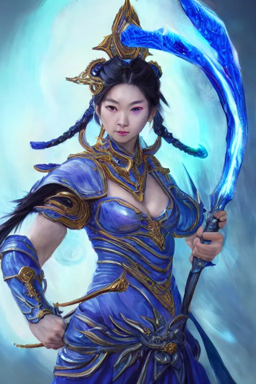 Image similar to a masterpiece portrait of nezha, legendary god holding spear, blue flame everywhere, epic pose, fantasy character portrait, closeup shot, hyper detailed, digital painting, 8 k realistic, trending on artstation, sharp focus, dof, by fenghua zhong, artgerm, ne zha from smite, tsuyoshi nagano, raymond swanland