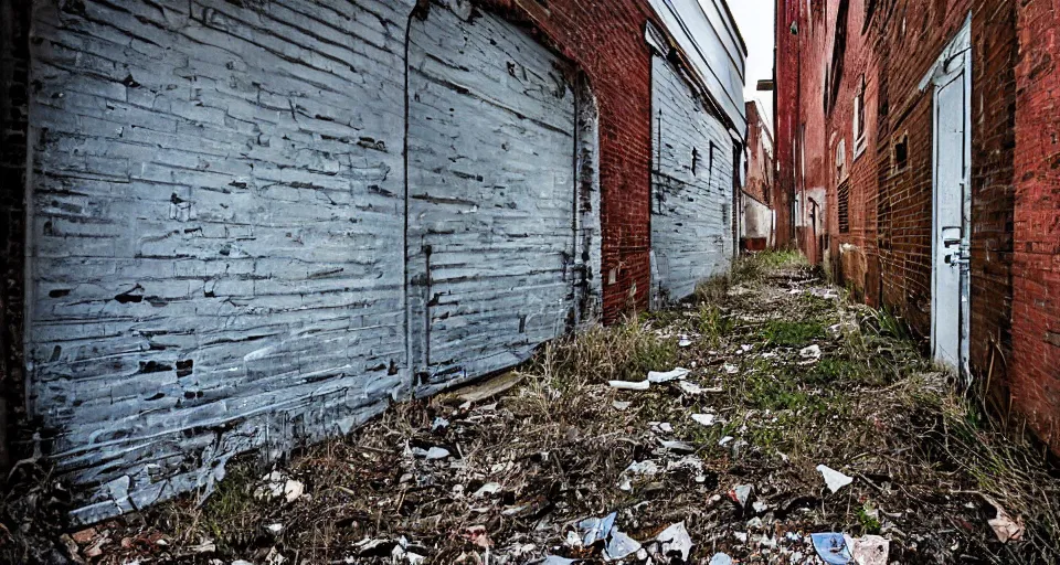 Image similar to ghost in an abandoned alleyway, color photograph by greg girard.