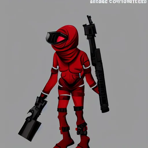 Prompt: character concept design of a red hazmat holding an SMG in a dark hallway, trending on artstation