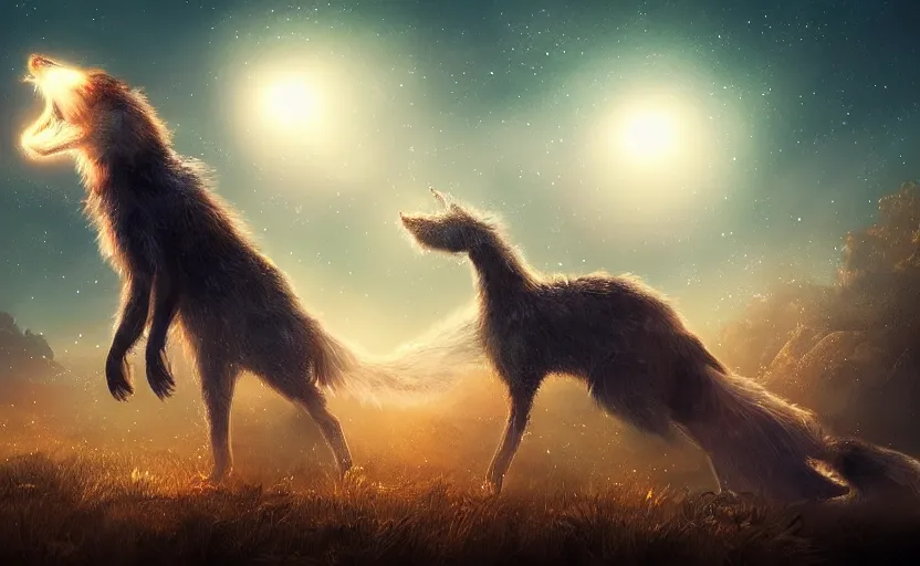 Image similar to a whimsical magical glowing creature in a night field, beautiful, cool dynamic lighting, moonlight, atmospheric, cinematic, highly detailed digital art