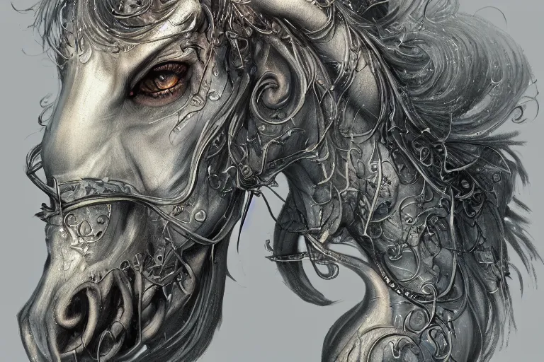 Image similar to a wlop 3 d render of very very very very highly detailed beautiful mystic portrait of a phantom undead horse with whirling galaxy around, tattoos by anton pieck, intricate, extremely detailed, digital painting, artstation, concept art, smooth, sharp focus, illustration, intimidating lighting, incredible art,