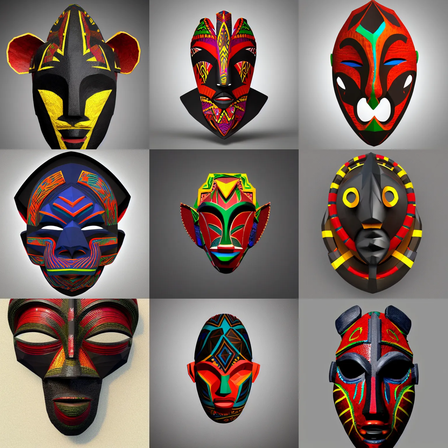 Prompt: african tribal mask, product concept, digital art, low poly art, black background, vibrant colors, trending on artstation