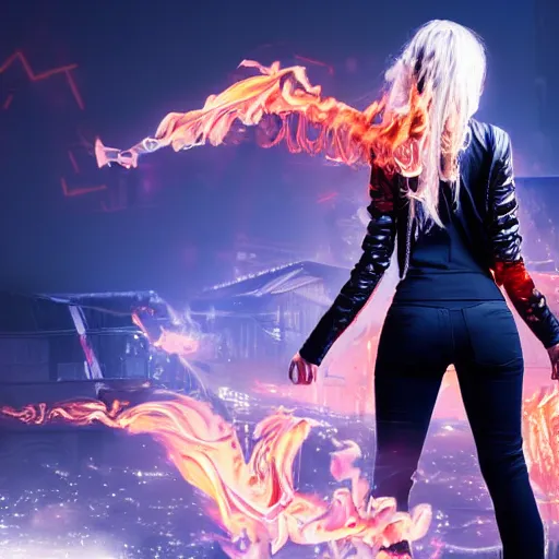 Prompt: young blonde woman from behind with flames dancing on her hands with a long jacket in a cyberpunk city, lot of flames, realistic, high definition, 4K, shimmering color, art of invincible