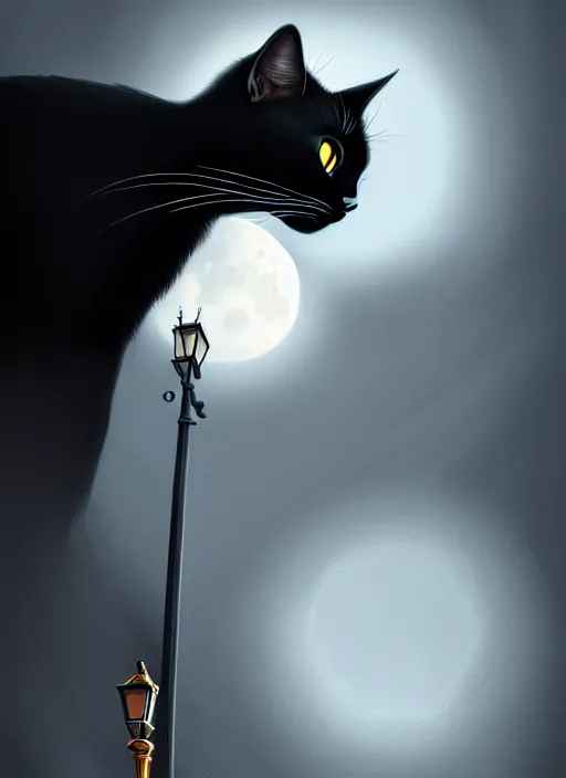 Image similar to black cat, moon, road, streetlight, fantasy, intricate, elegant, highly detailed, lifelike, photorealistic, digital painting, artstation, illustration, concept art, smooth, sharp focus