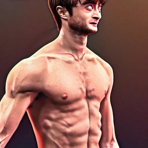 Image similar to photorealistic daniel radcliffe is ripped. hyperdetailed photorealism, 1 0 8 megapixels, amazing depth, high resolution, 3 d shading, 3 d finalrender, 3 d cinematic lighting, glowing rich colors, psychedelic overtones, artstation concept art.