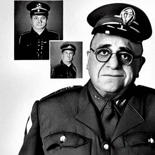 Prompt: 1942 portrait photograph, Danny DeVito in a Nazi officer's uniform