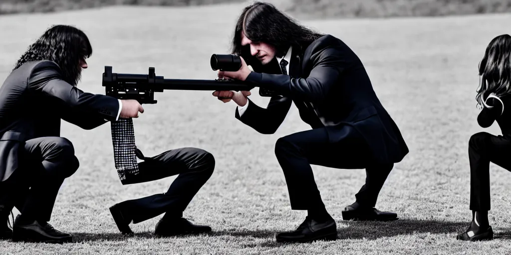 Prompt: a long hair man in suit with a gun aimed the lens while helping a jk girl squatting on the ground stand up.