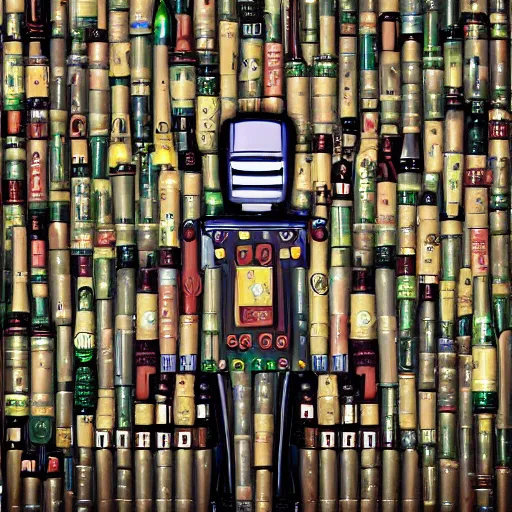 Image similar to robot made of wine bottles. High resolution. Artstation.