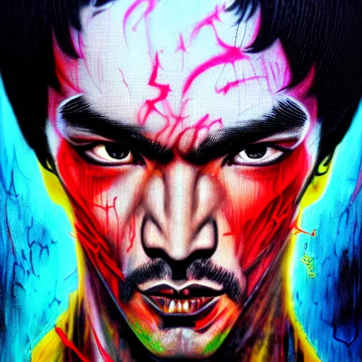 Prompt: a demon slayer portrait of bruce lee, tall, pale - skinned, and slender with lime green eyes and long eyelashes by stanley artgerm, tom bagshaw, arthur adams, carne griffiths, trending on deviant art, street art, face enhance, chillwave, maximalist, full of color, glittering