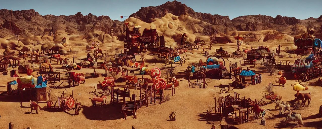 Prompt: realistic candyland wild west town, desert, national geographic, canon 5 0 mm, cinematic lighting, photography, retro, film, kodachrome