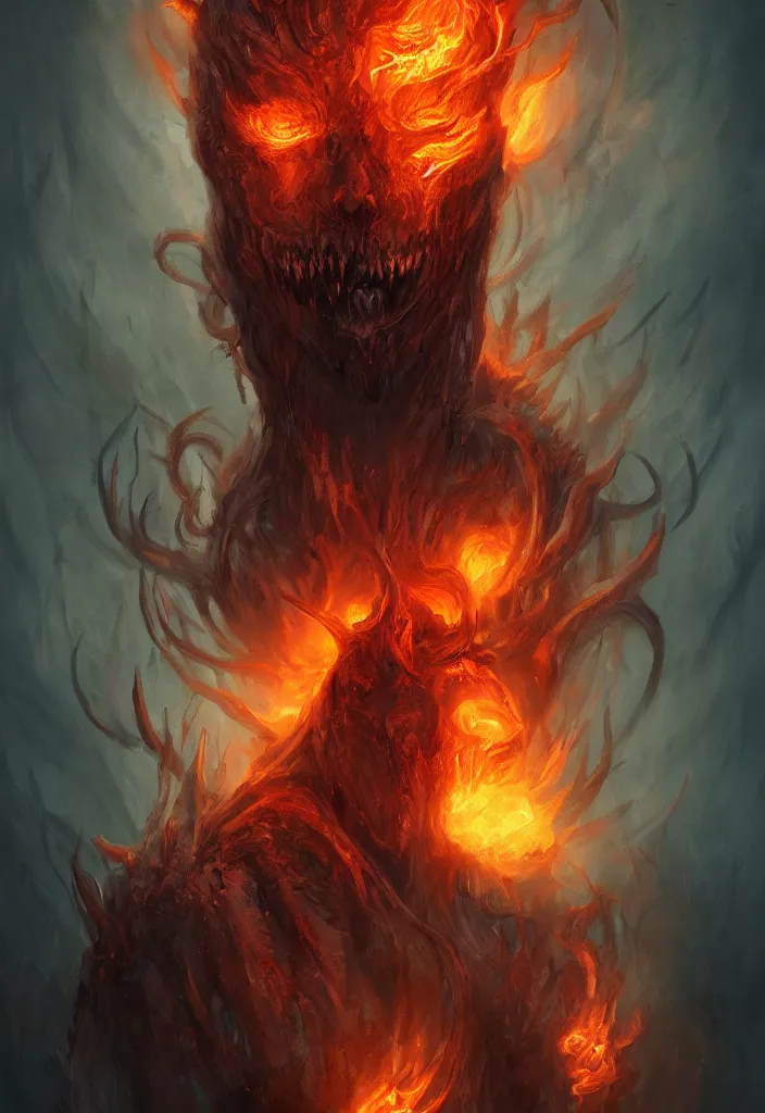 Prompt: a portrait of a gigantic meduss as a demon in a fiery hell, eerie, dark, magical, fantasy, trending on artstation, digital art.