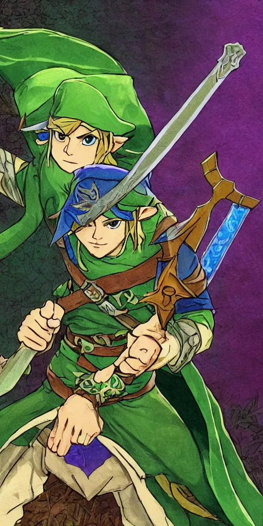 Image similar to link dressed in traditional green tunic and cap, holding the master sword and hylian shield in each hand, in dynamic fighting pose, clear detailed face with focused expression, mystical forest background, dark skies, green purple blue pink iridescent color scheme, intricately detailed, finely textured, cgsociety