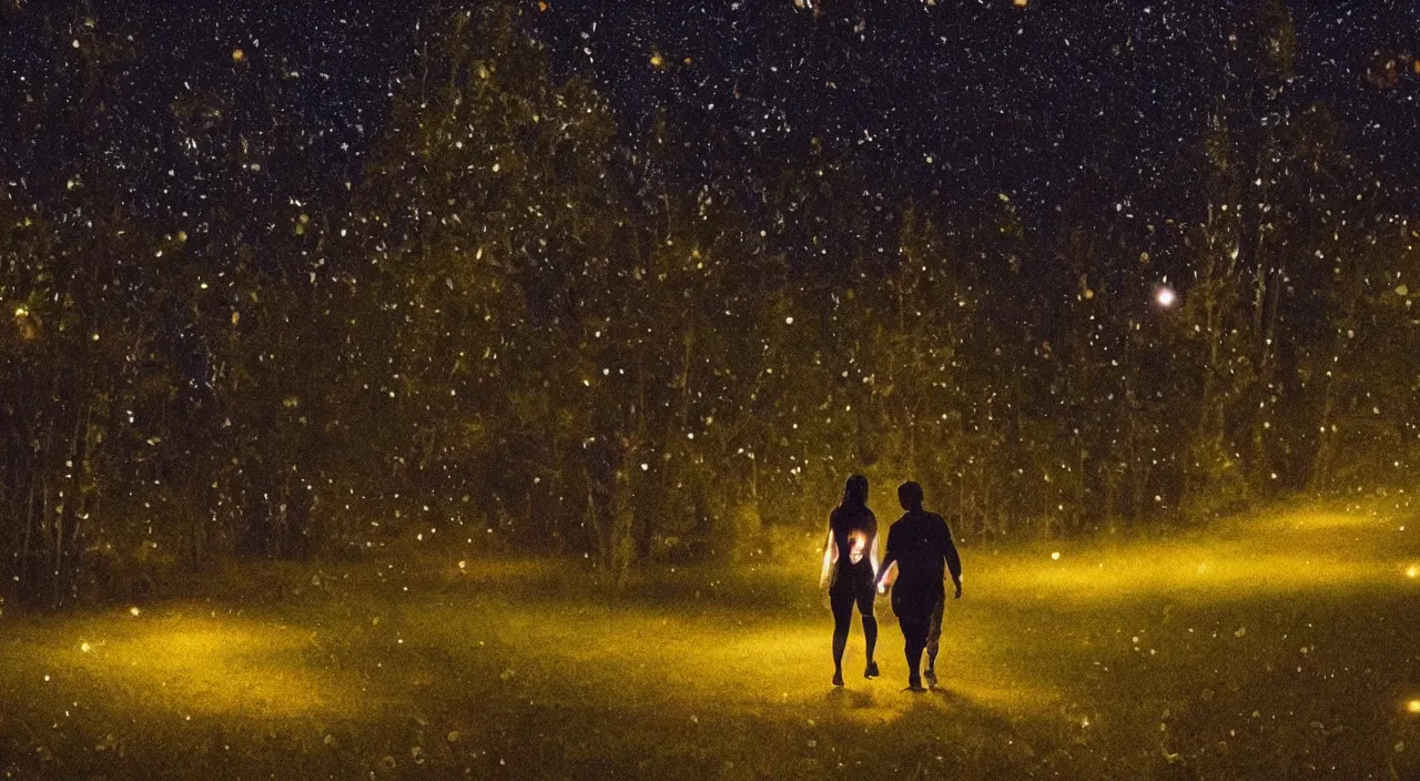 Image similar to a couple walking in the middle of fireflies the color of the moon, cinematic lighting, wow, establishing shot