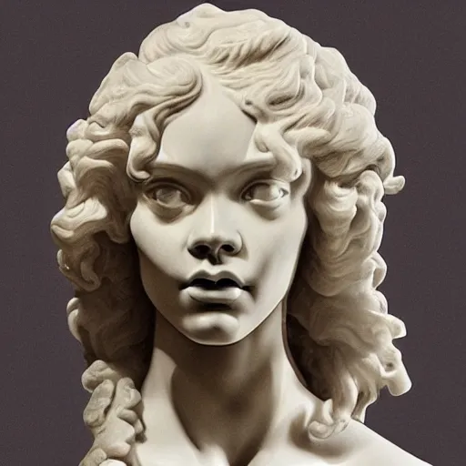 Image similar to Rihanna as a beautiful marble bust of the goddess of the moon, with ribbons in the style of Escher, by Michelangelo