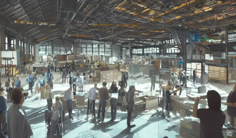 Image similar to large group people in simple warehouse, looking at hologram of futuristic downtown on a table, cinematic concept art, godrays, golden hour, natural sunlight, 4 k, clear details, tabletop model buildings, center model buildings, hologram center, crane shot, crane shot, crane shot, clear details, windows