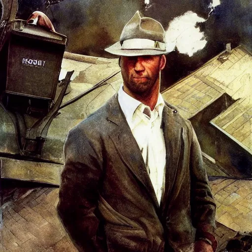 Prompt: Portrait of Jason Statham Pet Detective Standing atop a Garbage Truck Newell Convers Wyeth Andrew Wyeth Jamie Wyeth