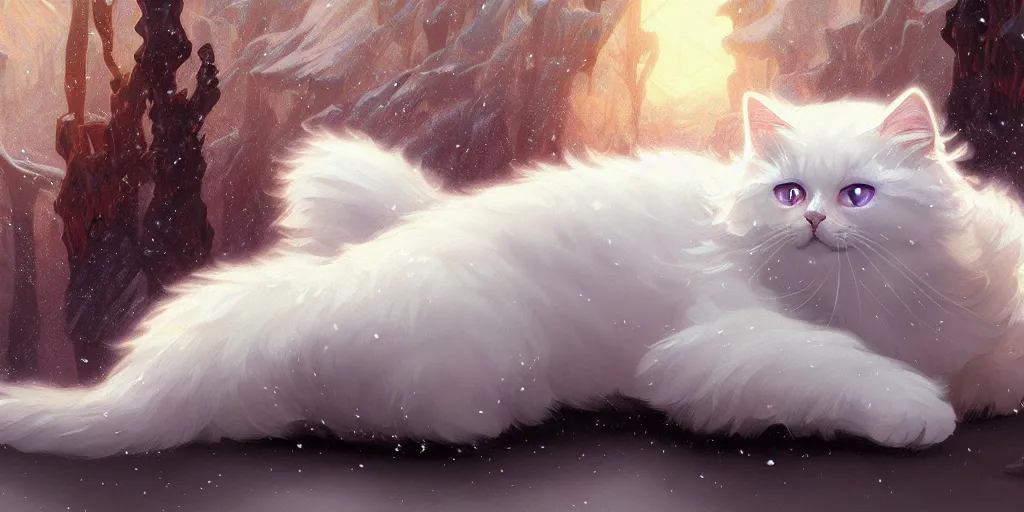 Image similar to panoramic shot of a beautiful ancient white fluffy cat, eye fire, snow glow, snowfall, highly detailed, digital painting, artstation, sharp focus, illustration, art by tan zi and ayanamikodon and alphonse mucha and wlop