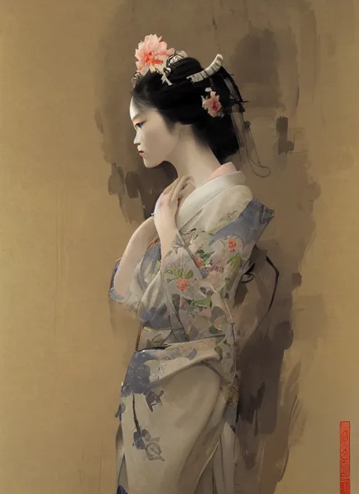 Prompt: female geisha girl, beautiful face, rule of thirds, intricate outfit, symmetrical, spotlight, by greg rutkowski, by jeremy mann, digital painting