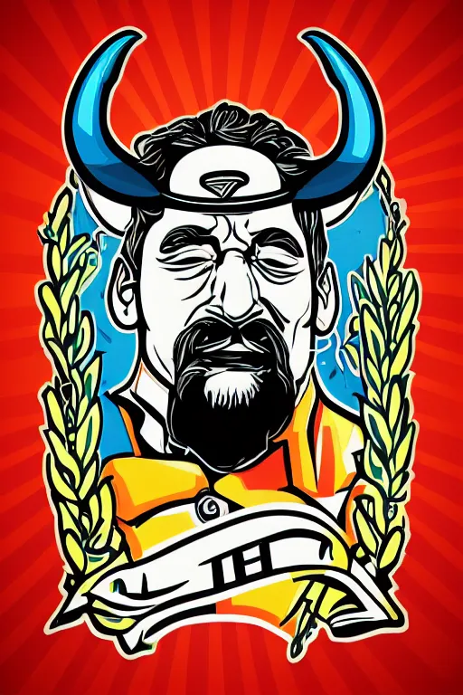 Image similar to A portrait of a dictator bull, sticker, highly detailed, colorful, illustration, smooth and clean vector curves, no jagged lines, vector art, smooth