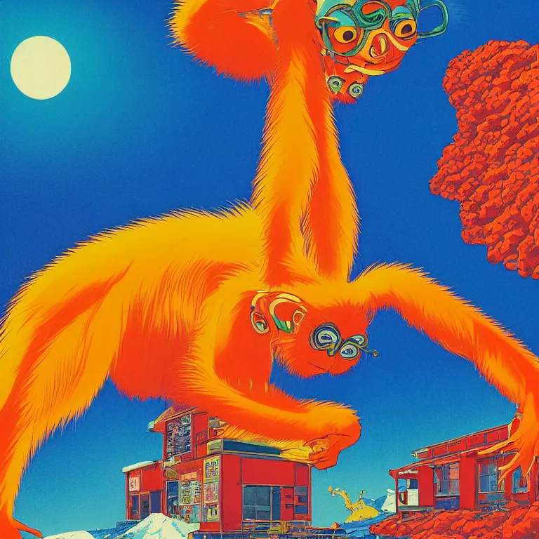 Prompt: a ULTRA-VIBRANT closeup portrait of a devil monkey sitting on a box of fireworks and blotter papers of LSD acid and dreaming psychedelic hallucinations in the vast icy landscape of Antarctica, by kawase hasui, moebius and Edward Hopper, colorful flat surreal design, hd, 8k, artstation