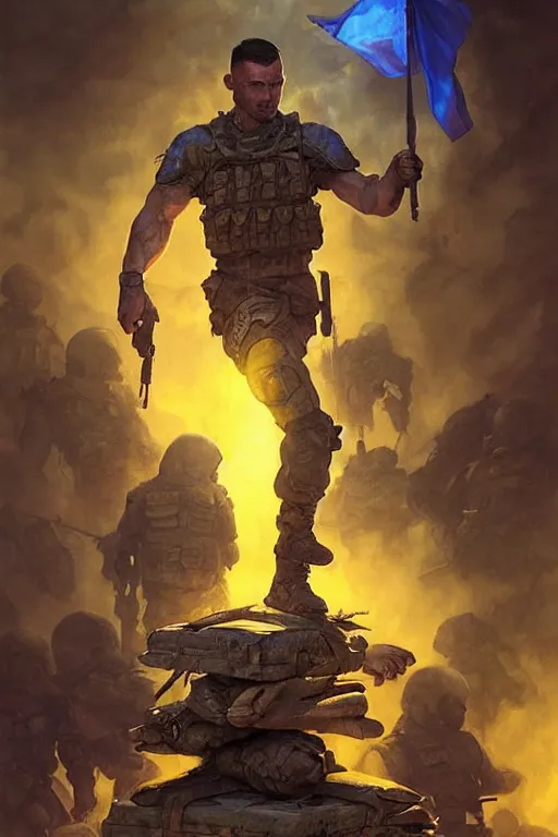 Image similar to special forces soldier with ukrainian blue yellow flag standing on a pile of skulls as a winner, masculine figure, d & d, fantasy, bright atmosphere, volumetric lights, intricate, elegant, extremely detailed, digital painting, artstation, concept art, matte, smooth, sharp focus, hyper realistic, illustration, art by artgerm and greg rutkowski and alphonse mucha