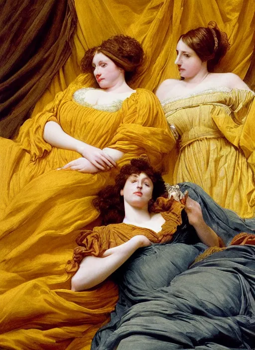 Prompt: masterpiece portrait of hybrid sarah siddons and lisa minelli and maya hawke, reclining on bed, flowing cloth floating in the wind, wearing yellow ochre ornate medieval dress, vertical, foreshortening, colour photography by frederic leighton, william morris, 8 k