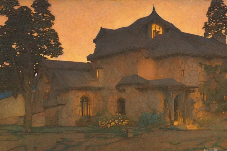 Image similar to beautiful stone house at twilight by Annie Swynnerton and Nicholas Roerich and jean delville, strong dramatic cinematic lighting , ornate tiled architecture, lost civilizations, smooth, sharp focus, extremely detailed