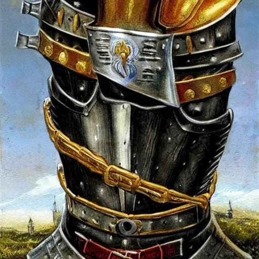 Image similar to full body, knights armor, donald trump, crown!!!!!!, donald trump's face, detailed face, painting of a knight, boots!!!!!!, medieval castle background, valiant, by hans thoma