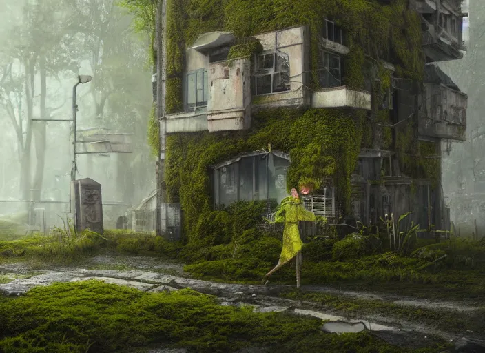 Image similar to detailed full body concept art illustration pastel painting of a moss covered building, ultra detailed, digital art, octane render, dystopian, micro detail 4k