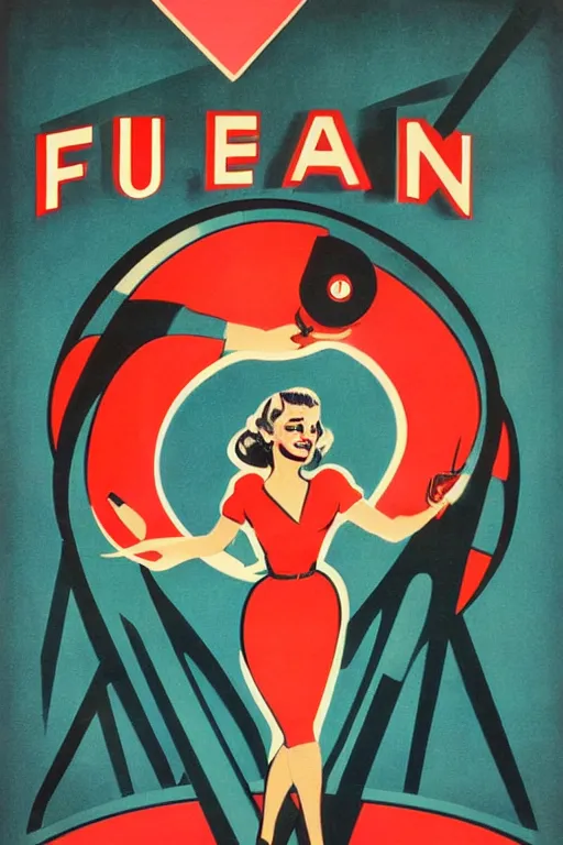 Image similar to poster of the fun, 1 9 5 0 s style, futuristic design, dark, symmetrical, washed out color, centered, art deco, 1 9 5 0's futuristic, glowing highlights, intense