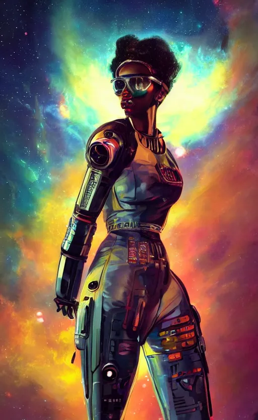 Prompt: beautiful black female cyberpunk astronaut in a 1 9 5 0's pinup art, cinematic composition, award winning art, octane render, exploding nebulae, outer space, artwork by norman rockwell