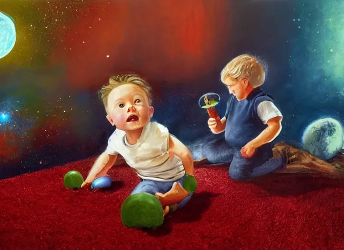 Image similar to toddler elon musk sittingon a shaggy rug playing with his shiny space rockets, realistic painting, beautiful soft lighting, istvan sandorfi