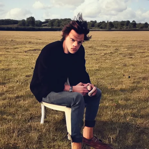 Image similar to harry styles sat on the toilet in the middle of a field