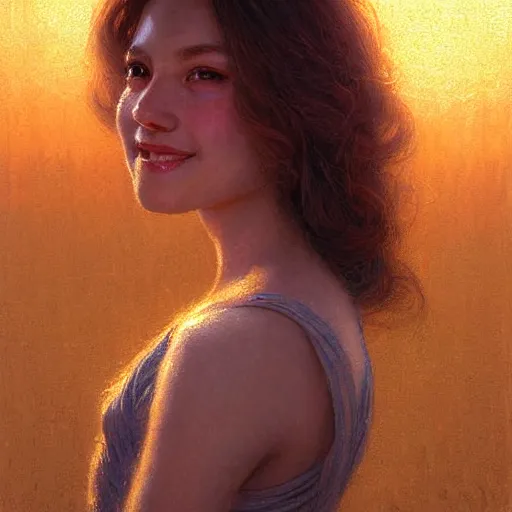 Image similar to Facial portrait of a cute shy woman, looking away from the camera, seductive smile, sparkle in eyes, lips slightly parted, long flowing hair, no hands visible, intricate, extremely detailed painting by Henry Justice Ford and by Greg Rutkowski and by Moebius, golden hour