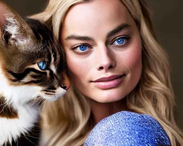 Prompt: A photo of margot robbie holding a beautiful cat, highly detailed, detailed face, beautiful face, blue eyes, 4k, hd, sharp, cinematic