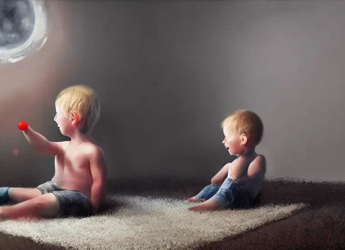 Image similar to lonely toddler elon musk sitting on a shaggy rug playing with his little rockets, bedroom, realistic painting, beautiful soft lighting, istvan sandorfi