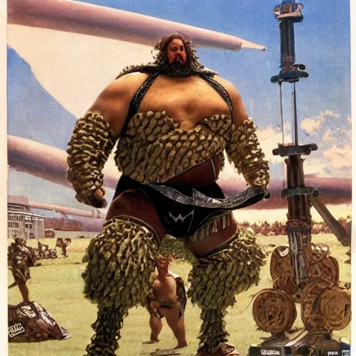 Image similar to wrestler giant haystacks in scifi warrior combat battle armour, by norman rockwell and boris vallejo