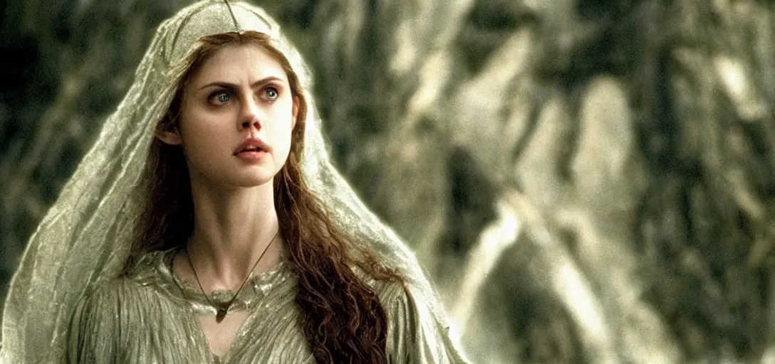 Image similar to still of alexandra daddario as galadriel in the lord of the rings ( 2 0 0 1 )