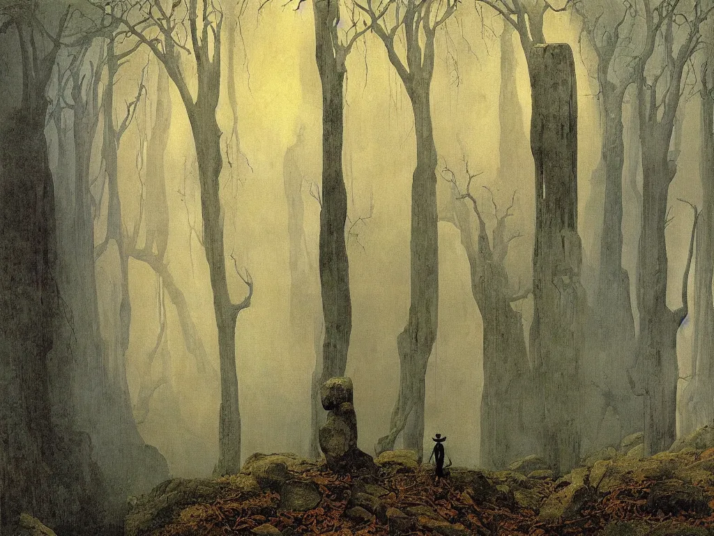 Image similar to Giant marble cracked primitive sculpted god in a ravine, fog, melancholy, noise, surreal canopy, Harsh, golden light, rain. Painting by Caspar David Friedrich, Peter Doig, Yves Tanguy.