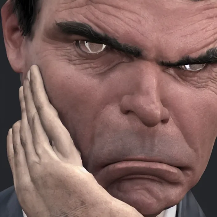 Image similar to photo of Jair Bolsonaro crying looking to workers party , hyper realism, high detail, octane render, 8k, chrome accents