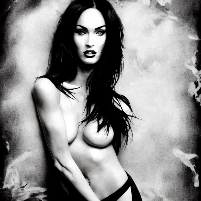 Prompt: photography face portrait of a beautiful woman like megan fox, black and white photography portrait with beautifull oil vivid color painted strokes on top, skin grain detail, high fashion, studio lighting film noir style photography, by nobuyo araki, richard avedon, and paolo roversi, nick knight, hellmut newton,, on a tropical wallpaper exotic patern background