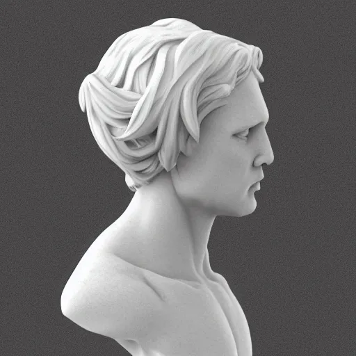 Prompt: 3 / 4 view androgynous bust sculpture made of marble and with long flowing hair made of clear!!!! ice sculpture!!!, rendered in cinema 4 d, sharp focus w - 9 6 0