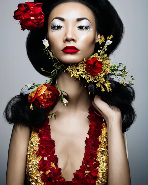 Prompt: Portrait of a European woman, black, close-up, high sharpness, zeiss lens, fashion photo shoot, peony flowers, red hair, red lipstick, in the background of gold, they have rhinestones on their face, Edward Buba, Annie Leibovitz and Steve McCurry, Leslie Zhang, David Lazar, Jimmy Nelsson, Eiko Hosoe, artistic, hyperrealistic, beautiful face, octane rendering