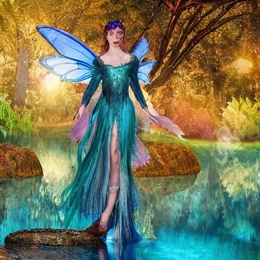 Prompt: fairy wearing armor made of crystals colored teal flying over a beautiful pond surrounded by various fauna, realistic, harsh lighting, traditional