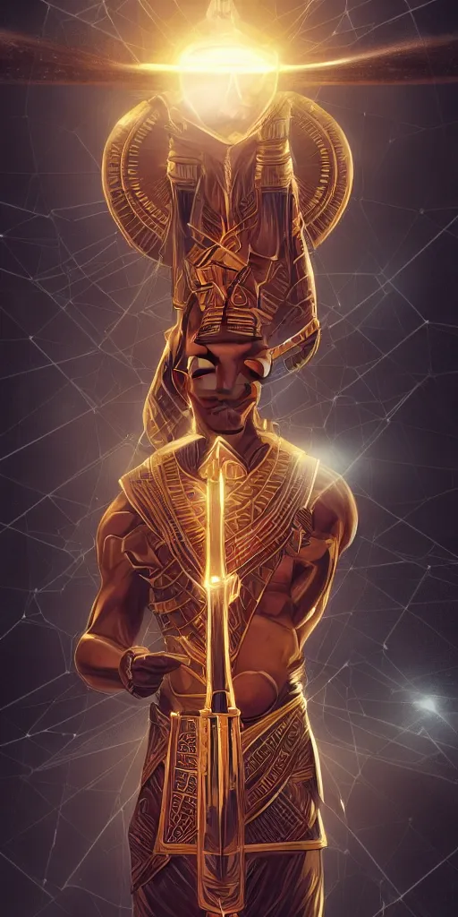 Image similar to symmetry!! brown skin man egyptian prince holding scepter of power, solid cube of light, hard edges, product render retro - futuristic poster scifi, lasers coming from eyes, brown skin man egyptian prince, intricate, elegant, highly detailed, digital painting, artstation, concept art, smooth, sharp focus, illustration, dreamlike, art by artgerm